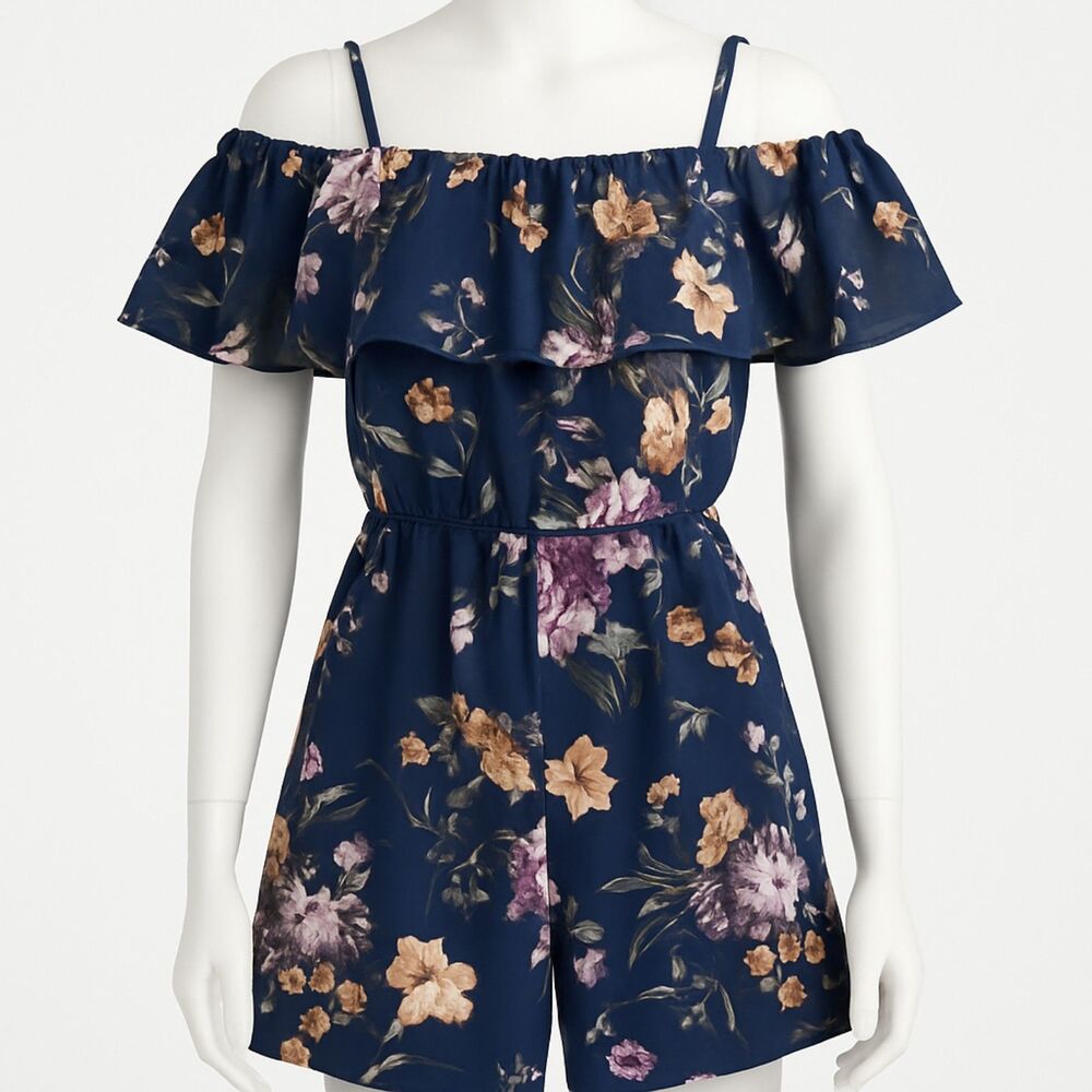 Navy Floral Off-Shoulder Ruffle Romper Girls Shorts Jumpsuit